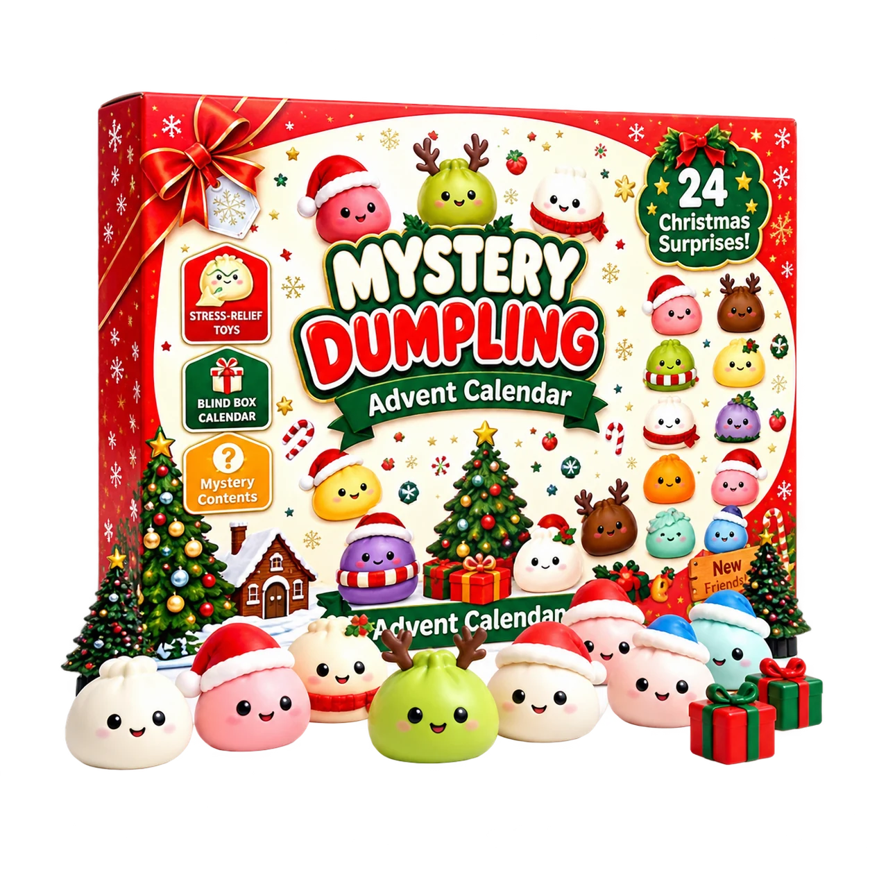 Complete Dumpling Advent Calendar box with its colourful festive squishies